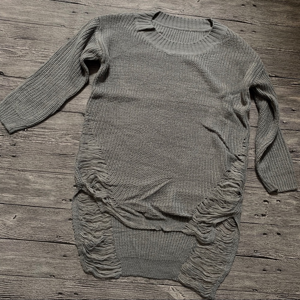 Sexy grey long sleeve broken holes sweater dress - Picture 2 of 5